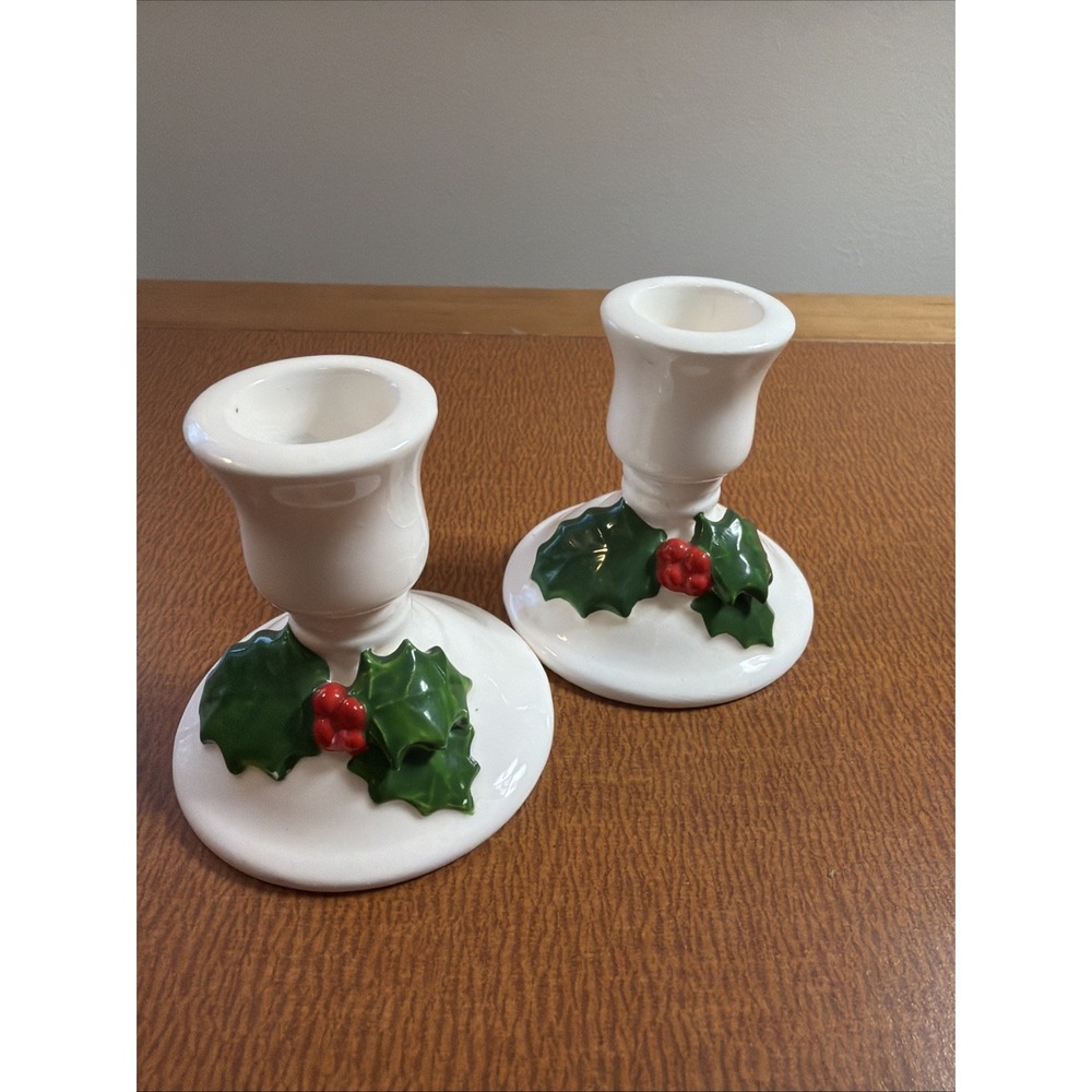 Lillian Vernon Christmas Candle Stick Holder set 2 White Ceramic w Holly Vintage